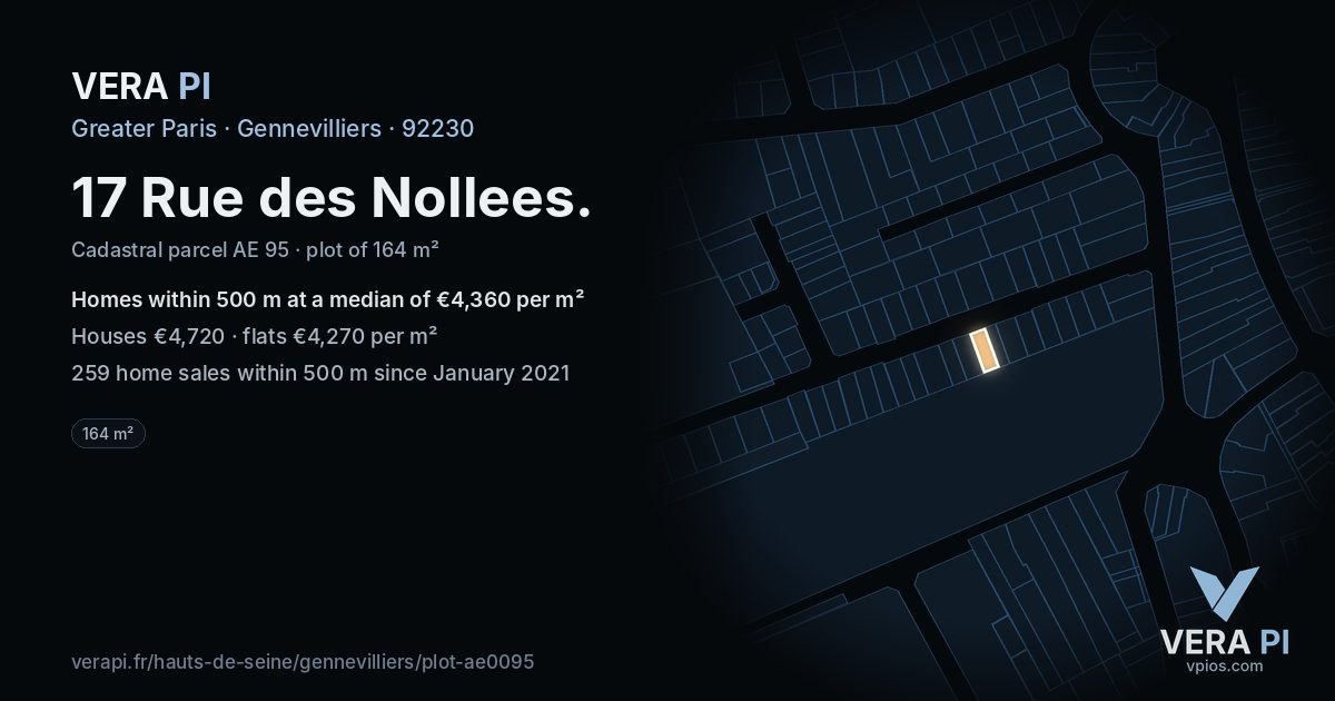 17 Rue des Nollees, Gennevilliers at night – the plot lit, the parcels around coloured by the prices near them