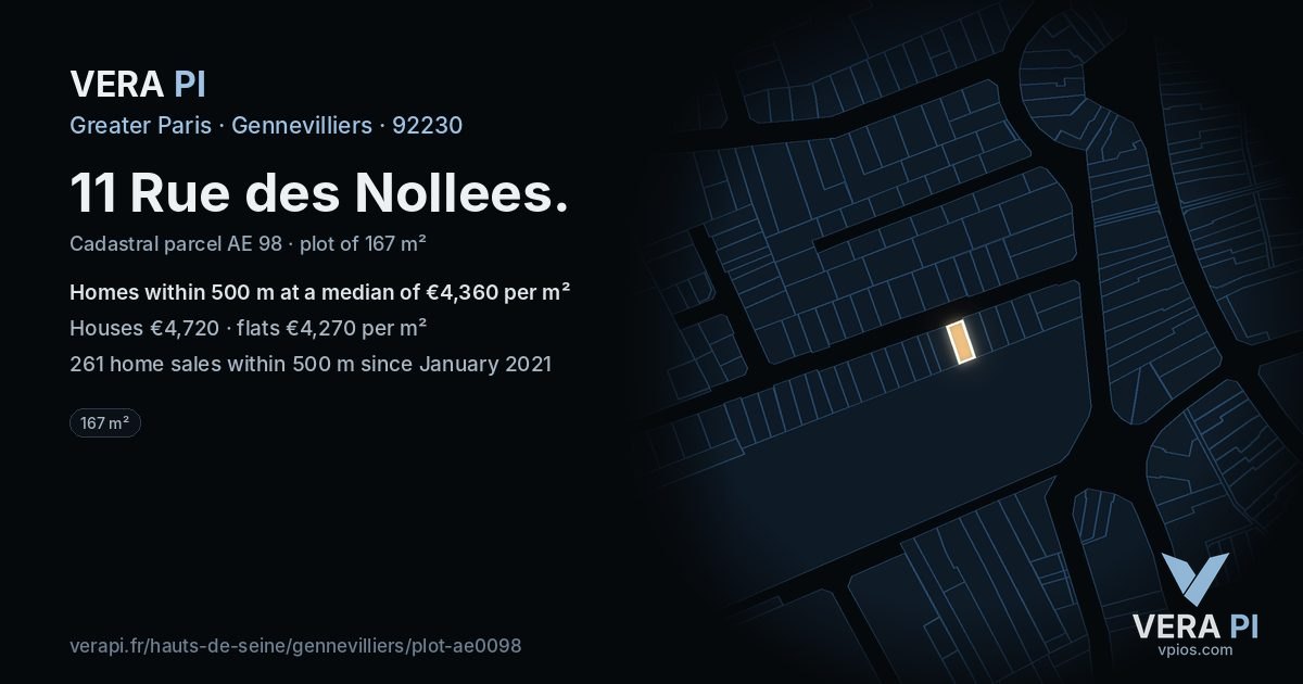 11 Rue des Nollees, Gennevilliers at night – the plot lit, the parcels around coloured by the prices near them