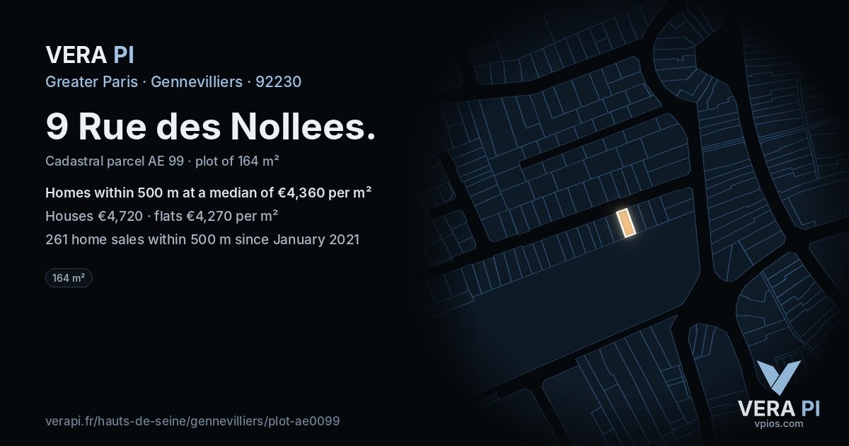 9 Rue des Nollees, Gennevilliers at night – the plot lit, the parcels around coloured by the prices near them