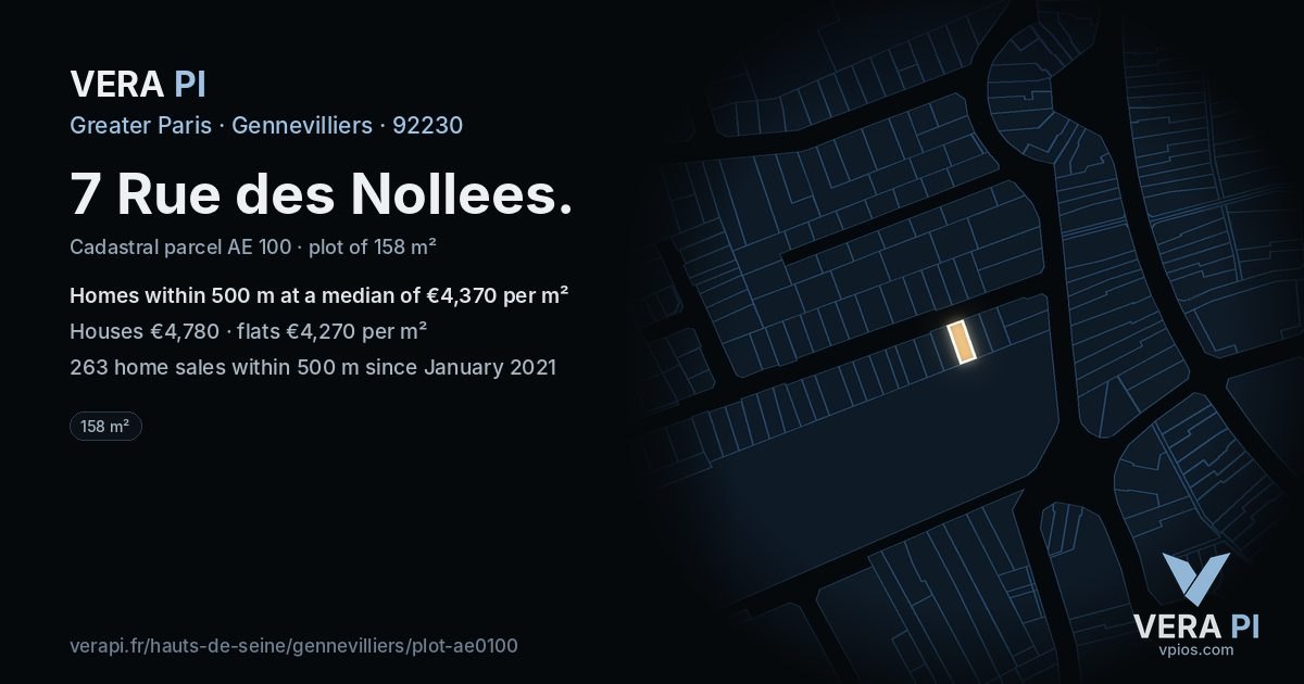 7 Rue des Nollees, Gennevilliers at night – the plot lit, the parcels around coloured by the prices near them