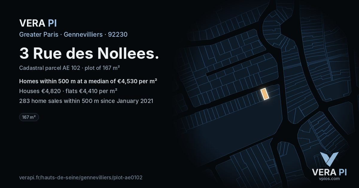 3 Rue des Nollees, Gennevilliers at night – the plot lit, the parcels around coloured by the prices near them
