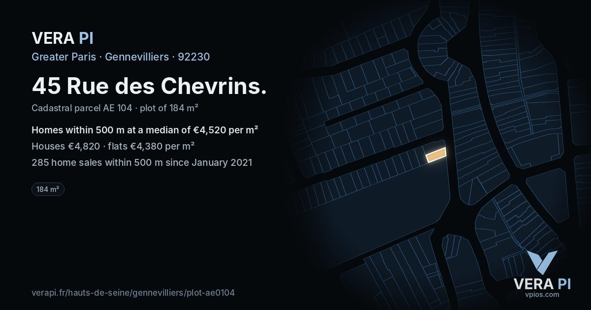 45 Rue des Chevrins, Gennevilliers at night – the plot lit, the parcels around coloured by the prices near them