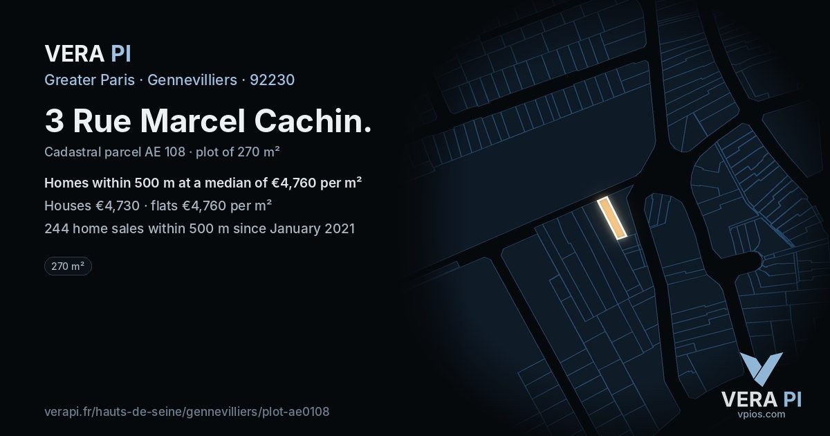 3 Rue Marcel Cachin, Gennevilliers at night – the plot lit, the parcels around coloured by the prices near them