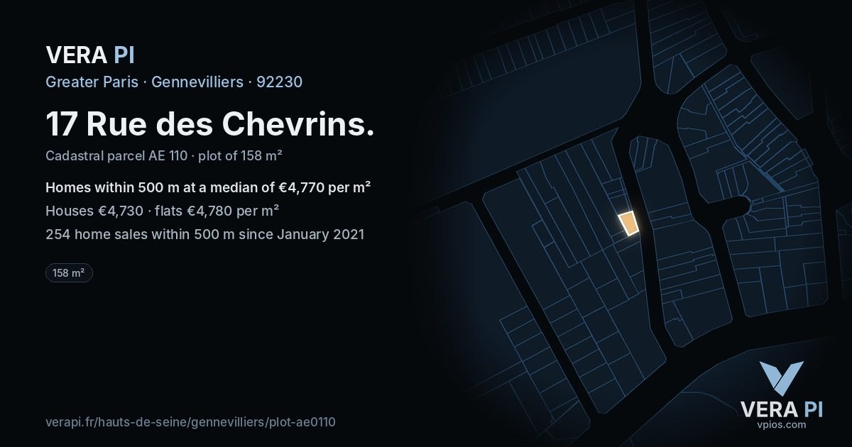 17 Rue des Chevrins, Gennevilliers at night – the plot lit, the parcels around coloured by the prices near them