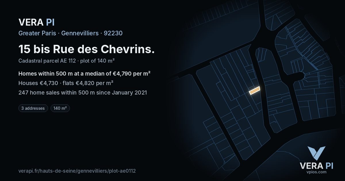 15 bis Rue des Chevrins, Gennevilliers at night – the plot lit, the parcels around coloured by the prices near them
