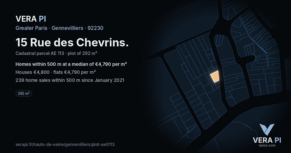 15 Rue des Chevrins, Gennevilliers at night – the plot lit, the parcels around coloured by the prices near them