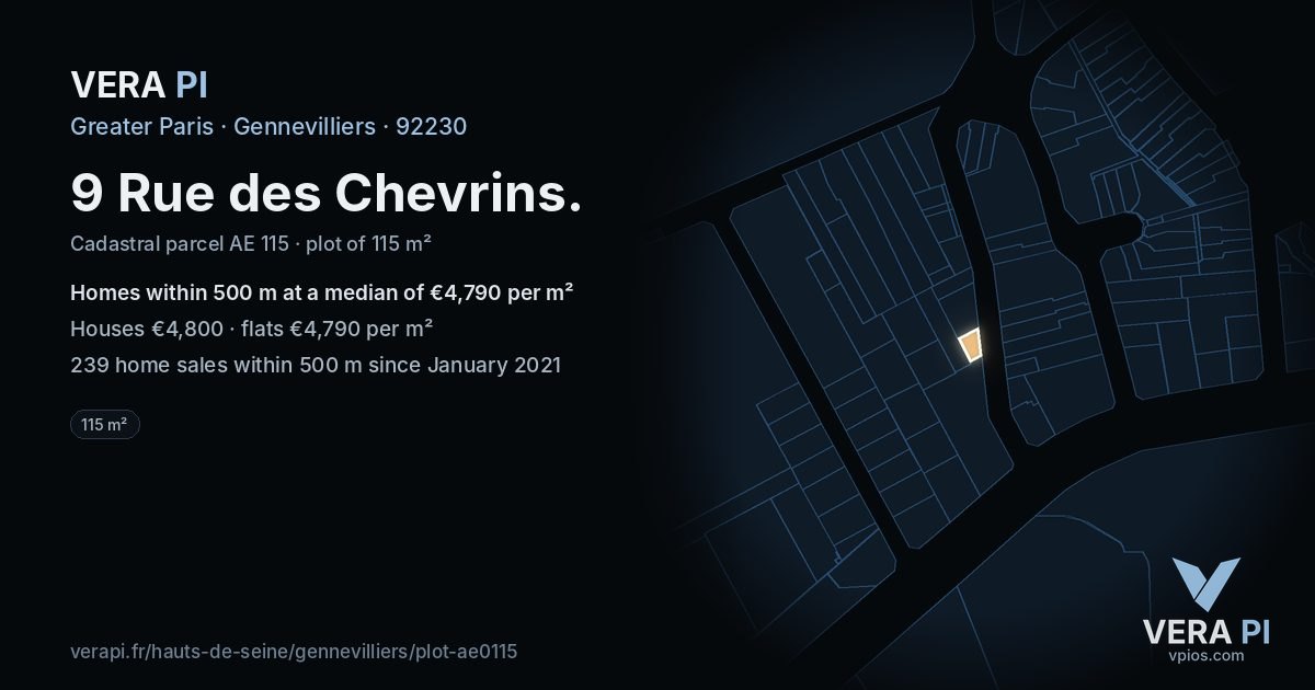 9 Rue des Chevrins, Gennevilliers at night – the plot lit, the parcels around coloured by the prices near them