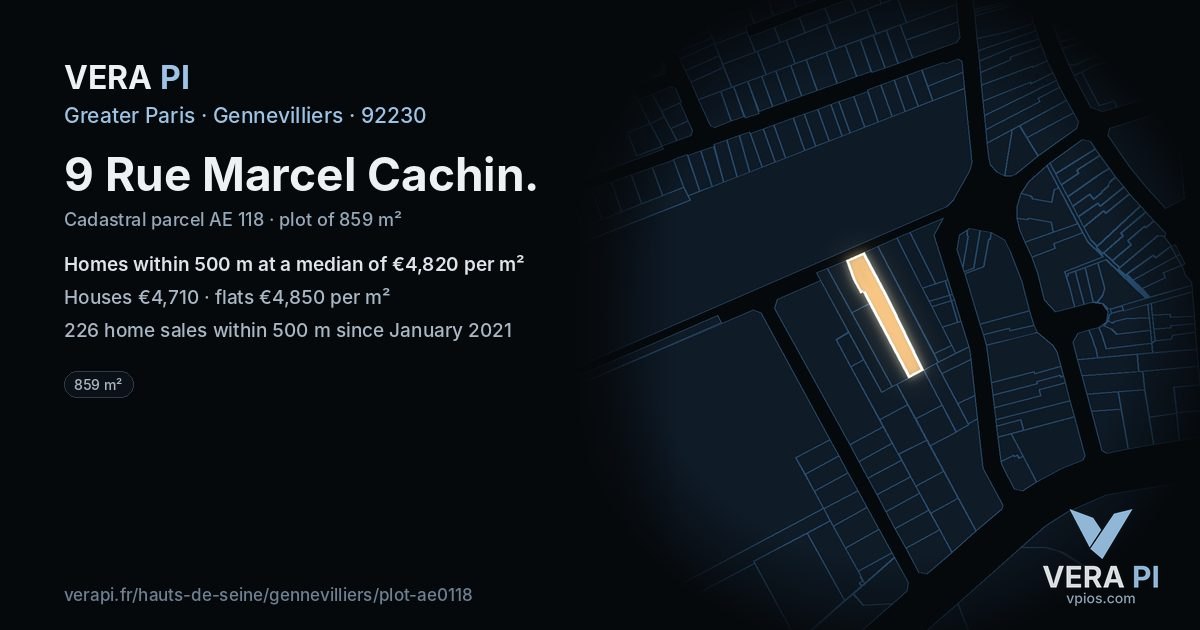 9 Rue Marcel Cachin, Gennevilliers at night – the plot lit, the parcels around coloured by the prices near them