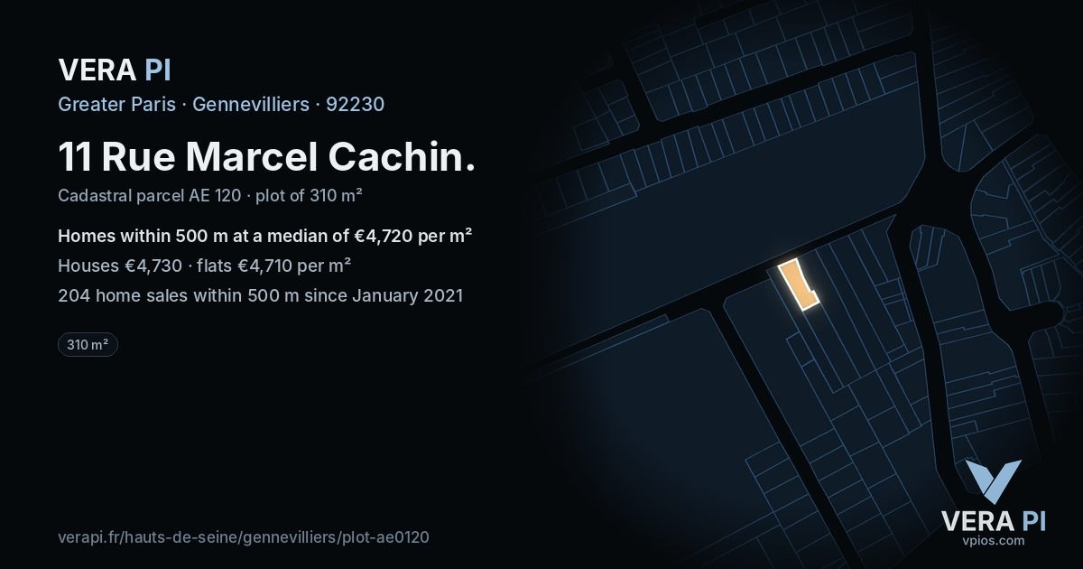 11 Rue Marcel Cachin, Gennevilliers at night – the plot lit, the parcels around coloured by the prices near them