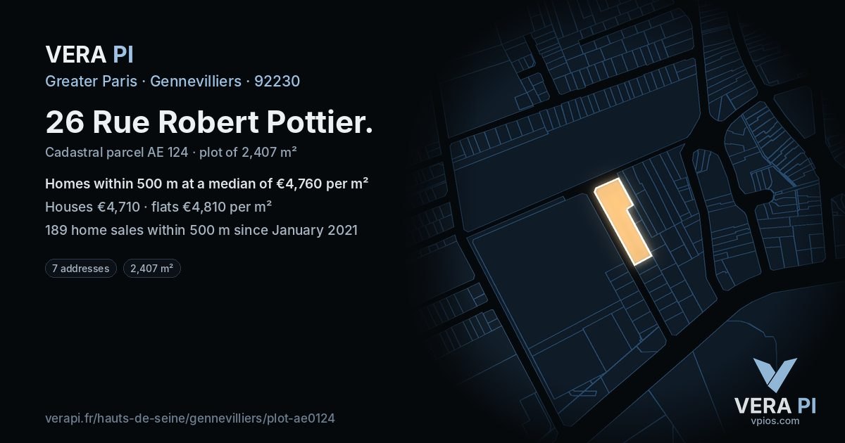 26 Rue Robert Pottier, Gennevilliers at night – the plot lit, the parcels around coloured by the prices near them