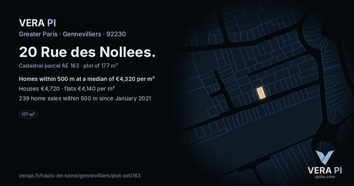 20 Rue des Nollees, Gennevilliers at night – the plot lit, the parcels around coloured by the prices near them