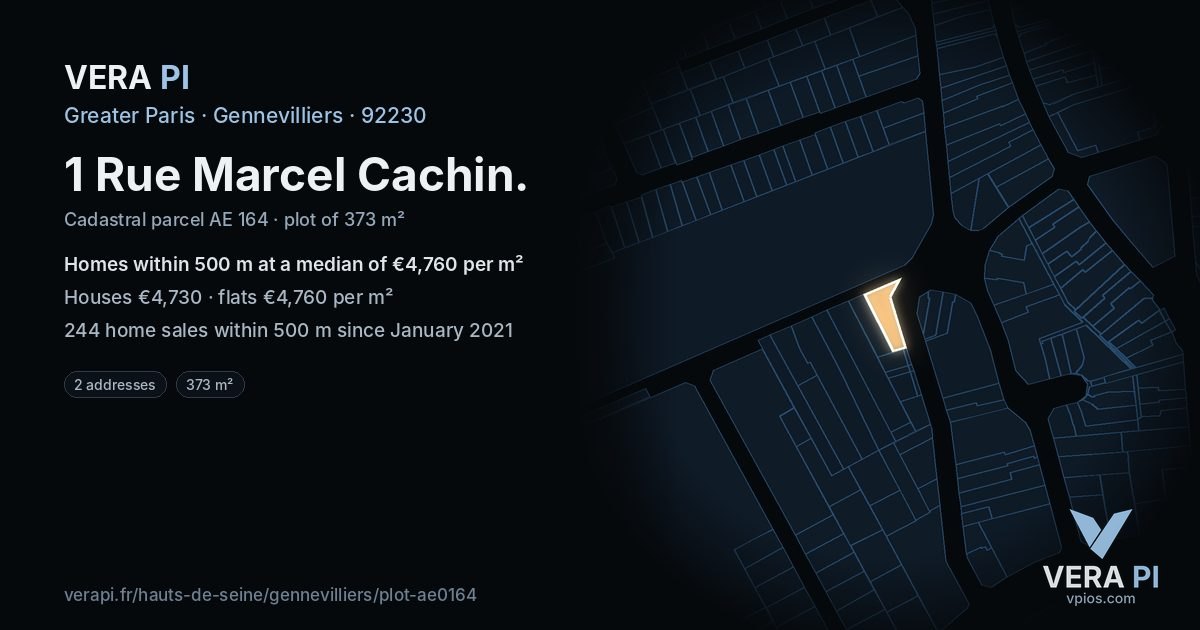 1 Rue Marcel Cachin, Gennevilliers at night – the plot lit, the parcels around coloured by the prices near them