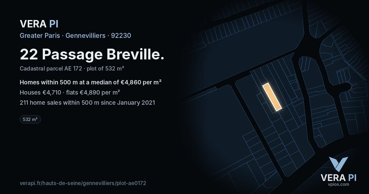 22 Passage Breville, Gennevilliers at night – the plot lit, the parcels around coloured by the prices near them