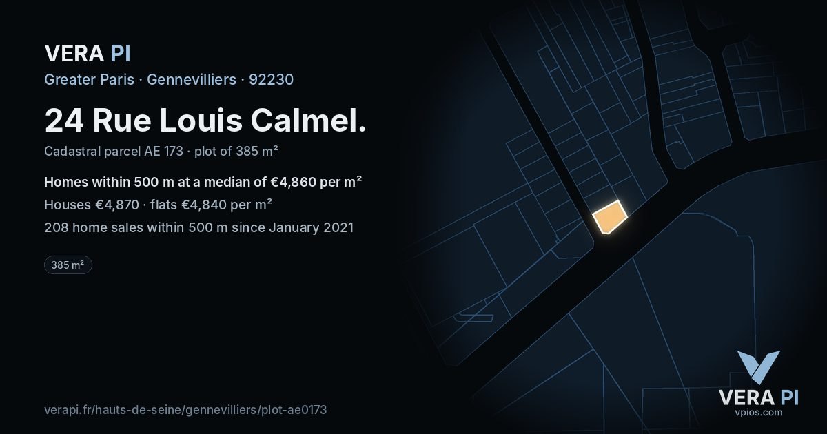 24 Rue Louis Calmel, Gennevilliers at night – the plot lit, the parcels around coloured by the prices near them