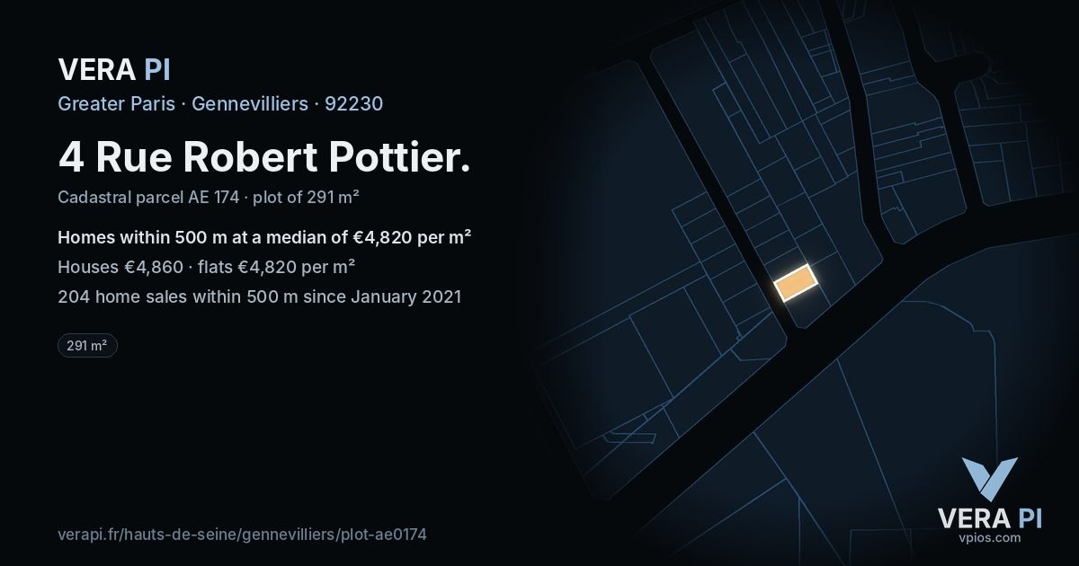 4 Rue Robert Pottier, Gennevilliers at night – the plot lit, the parcels around coloured by the prices near them
