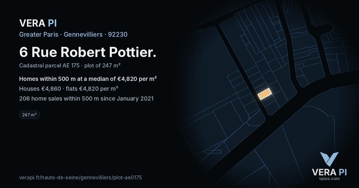 6 Rue Robert Pottier, Gennevilliers at night – the plot lit, the parcels around coloured by the prices near them