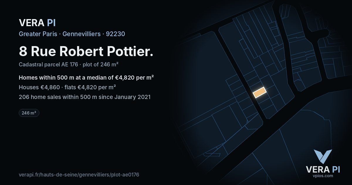8 Rue Robert Pottier, Gennevilliers at night – the plot lit, the parcels around coloured by the prices near them