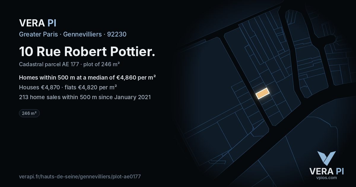 10 Rue Robert Pottier, Gennevilliers at night – the plot lit, the parcels around coloured by the prices near them