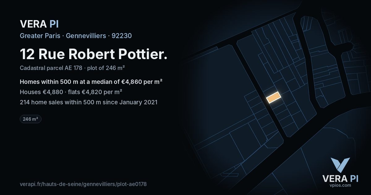 12 Rue Robert Pottier, Gennevilliers at night – the plot lit, the parcels around coloured by the prices near them