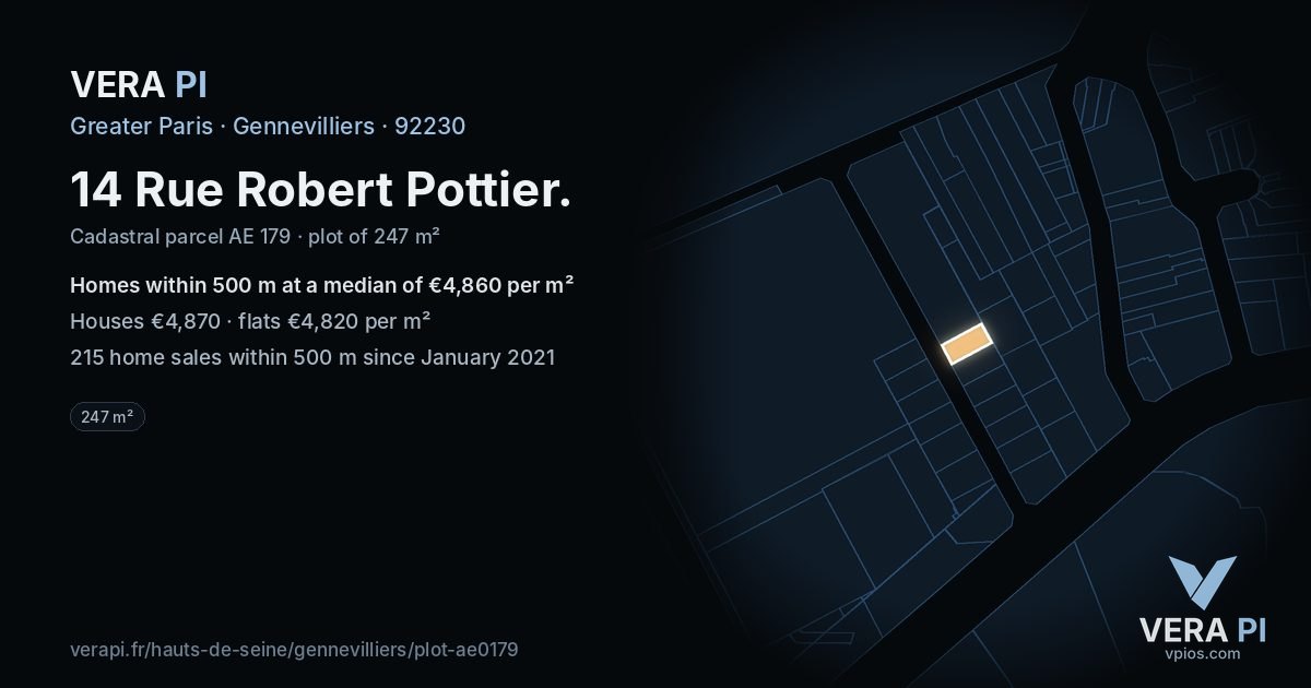 14 Rue Robert Pottier, Gennevilliers at night – the plot lit, the parcels around coloured by the prices near them