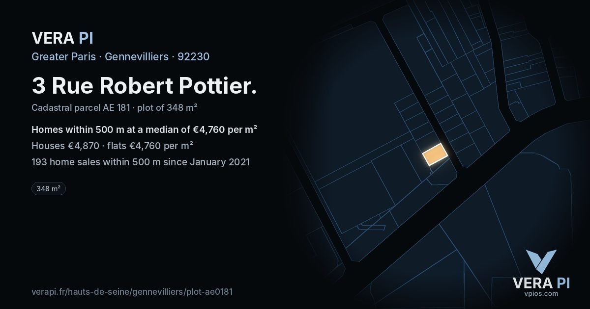 3 Rue Robert Pottier, Gennevilliers at night – the plot lit, the parcels around coloured by the prices near them