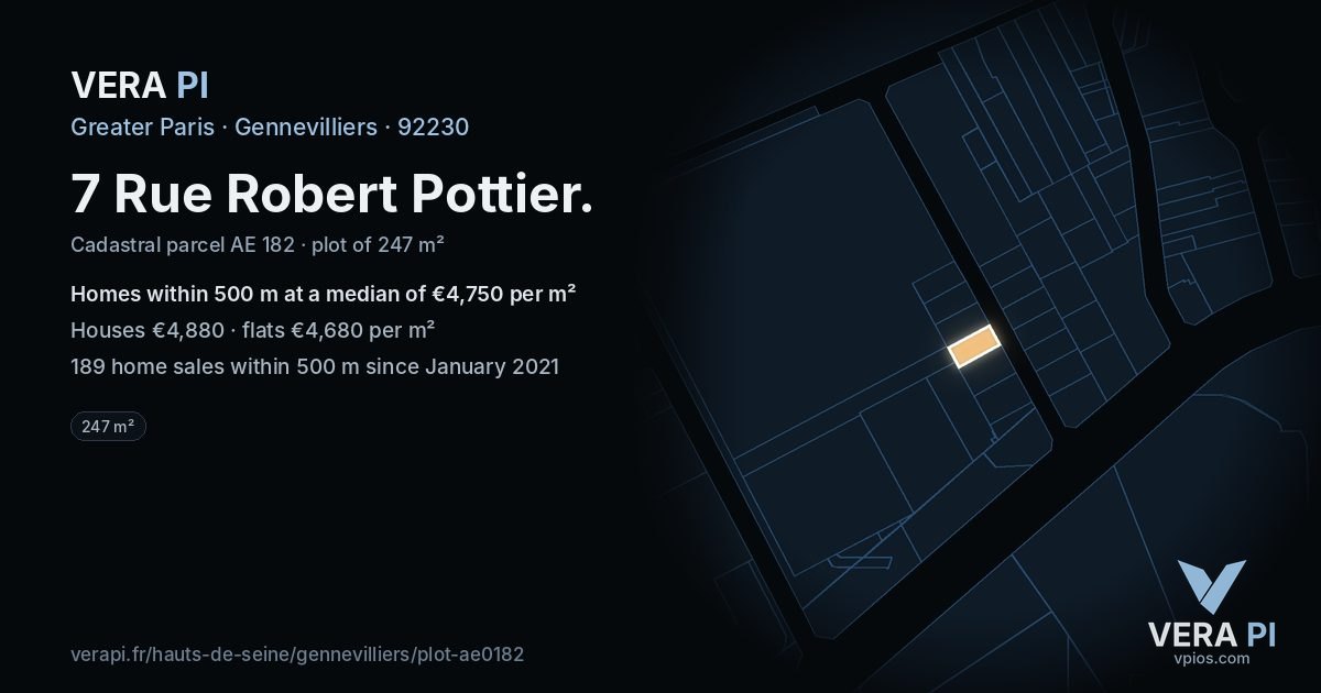7 Rue Robert Pottier, Gennevilliers at night – the plot lit, the parcels around coloured by the prices near them