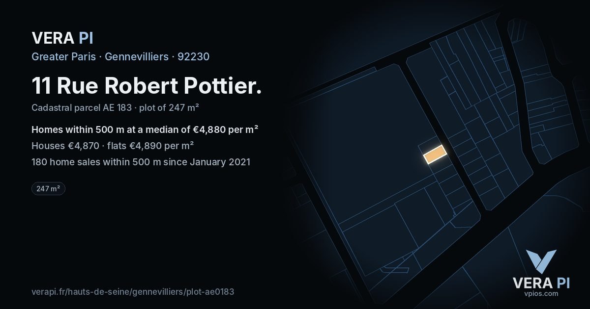 11 Rue Robert Pottier, Gennevilliers at night – the plot lit, the parcels around coloured by the prices near them