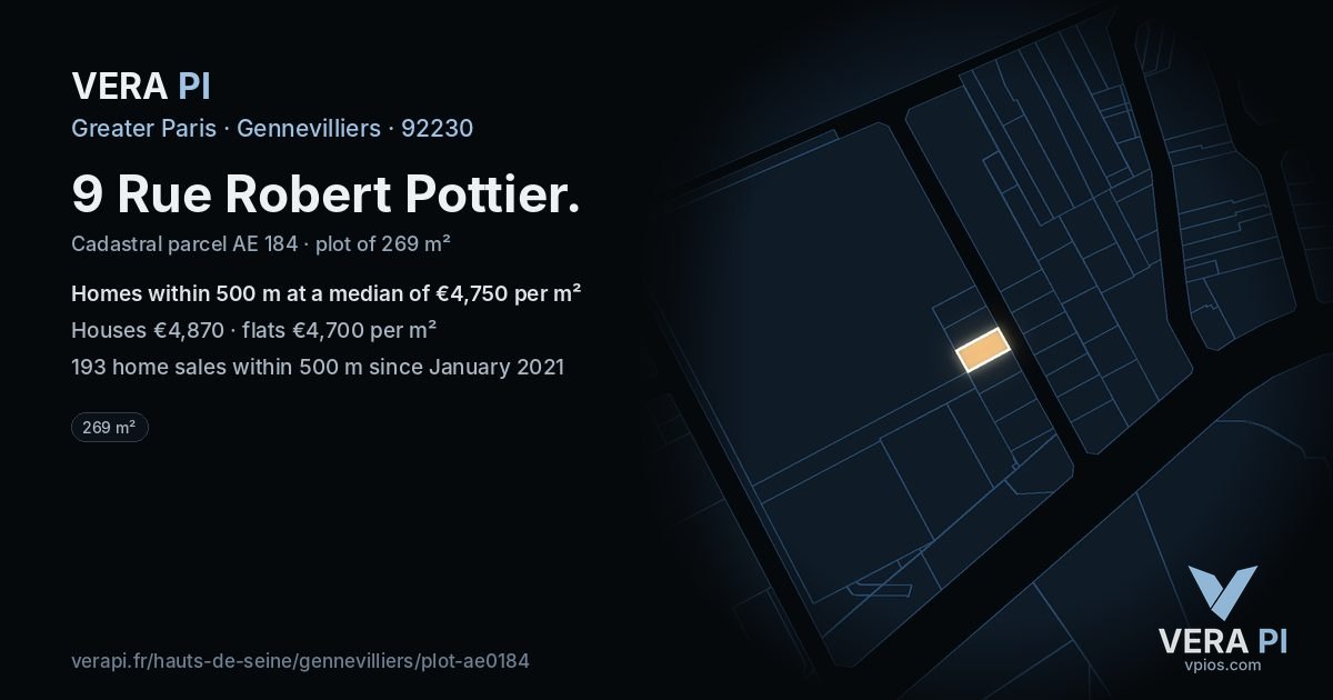 9 Rue Robert Pottier, Gennevilliers at night – the plot lit, the parcels around coloured by the prices near them