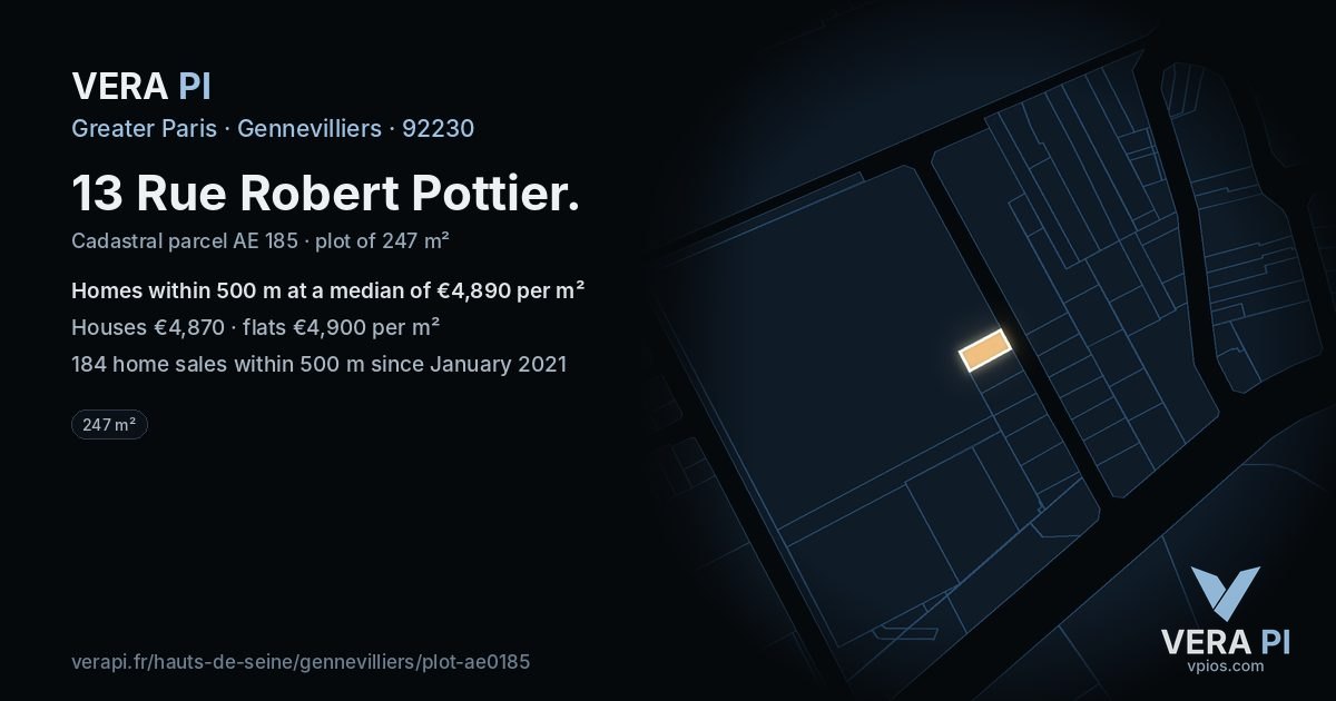 13 Rue Robert Pottier, Gennevilliers at night – the plot lit, the parcels around coloured by the prices near them