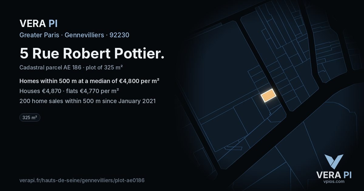 5 Rue Robert Pottier, Gennevilliers at night – the plot lit, the parcels around coloured by the prices near them