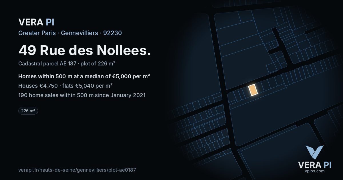 49 Rue des Nollees, Gennevilliers at night – the plot lit, the parcels around coloured by the prices near them