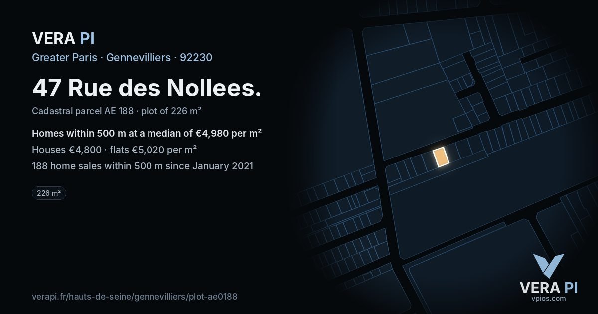 47 Rue des Nollees, Gennevilliers at night – the plot lit, the parcels around coloured by the prices near them