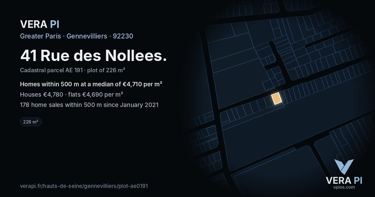 41 Rue des Nollees, Gennevilliers at night – the plot lit, the parcels around coloured by the prices near them