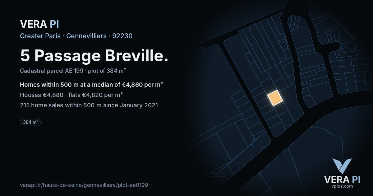 5 Passage Breville, Gennevilliers at night – the plot lit, the parcels around coloured by the prices near them