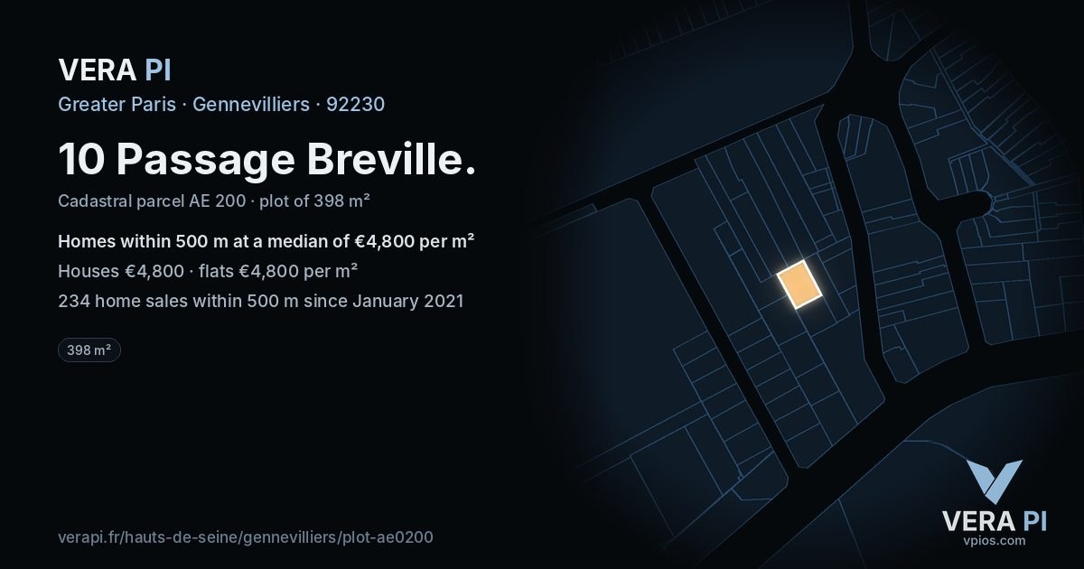 10 Passage Breville, Gennevilliers at night – the plot lit, the parcels around coloured by the prices near them