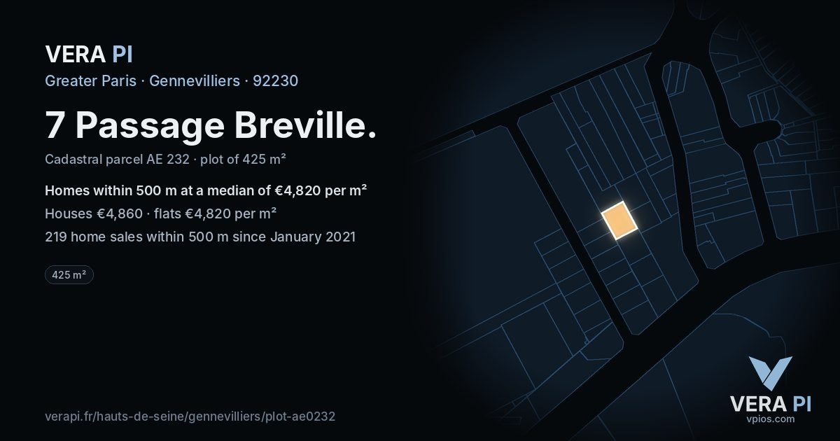 7 Passage Breville, Gennevilliers at night – the plot lit, the parcels around coloured by the prices near them
