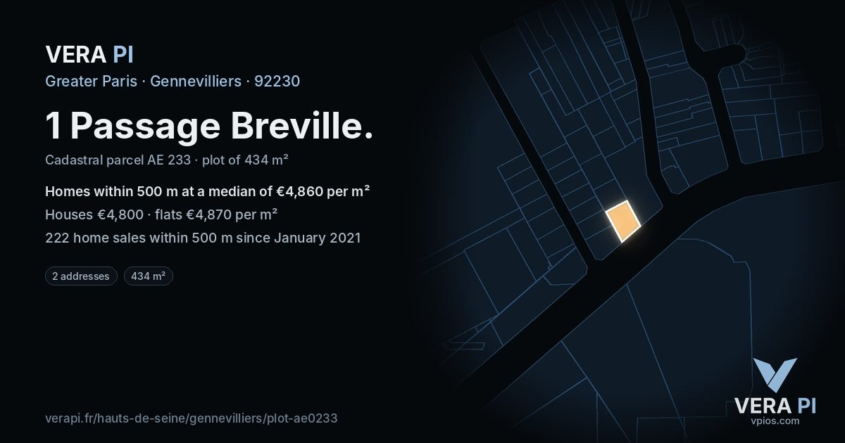 1 Passage Breville, Gennevilliers at night – the plot lit, the parcels around coloured by the prices near them