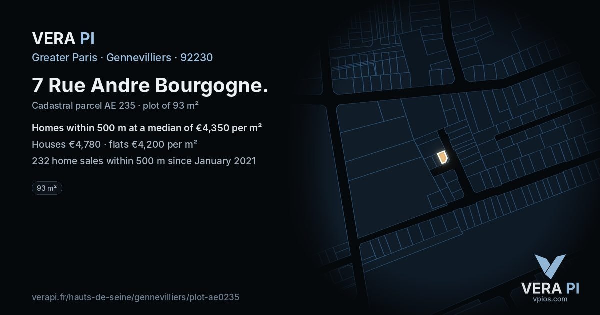 7 Rue Andre Bourgogne, Gennevilliers at night – the plot lit, the parcels around coloured by the prices near them