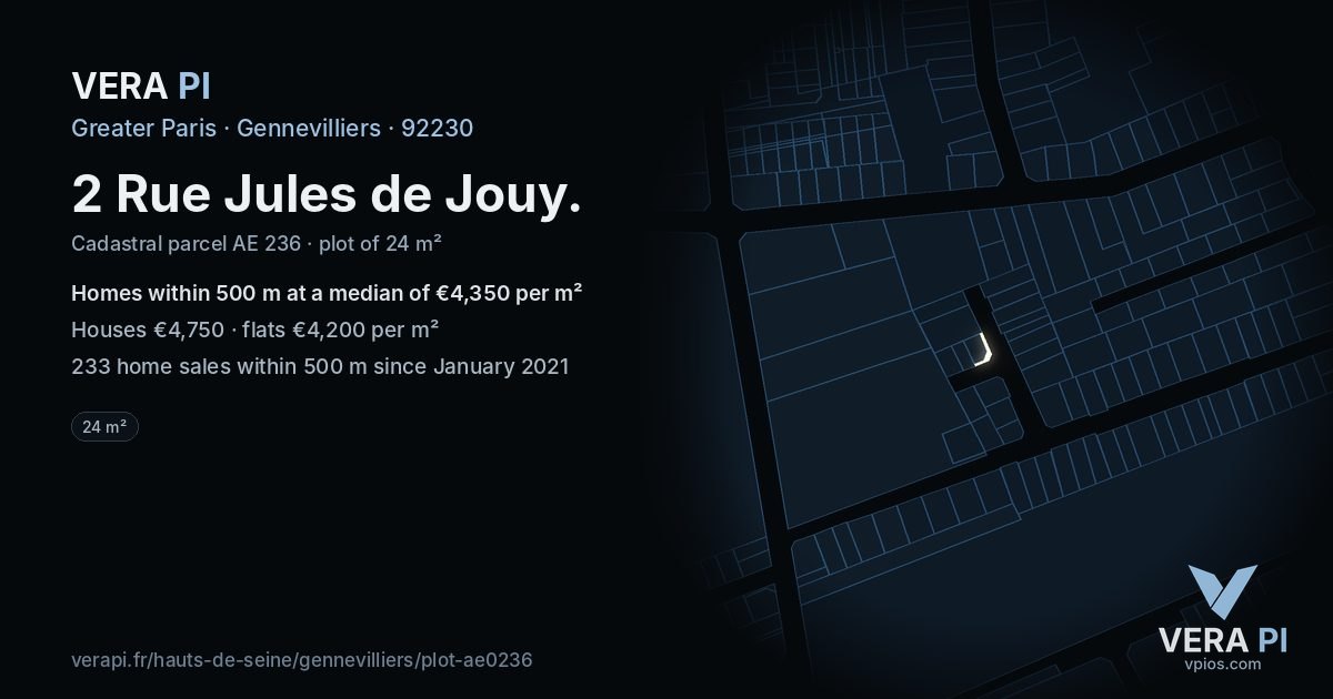 2 Rue Jules de Jouy, Gennevilliers at night – the plot lit, the parcels around coloured by the prices near them