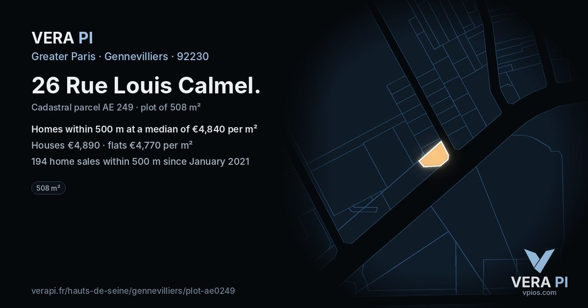 26 Rue Louis Calmel, Gennevilliers at night – the plot lit, the parcels around coloured by the prices near them