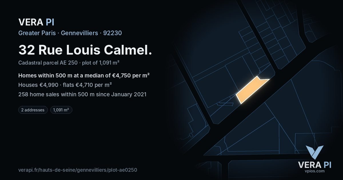 32 Rue Louis Calmel, Gennevilliers at night – the plot lit, the parcels around coloured by the prices near them