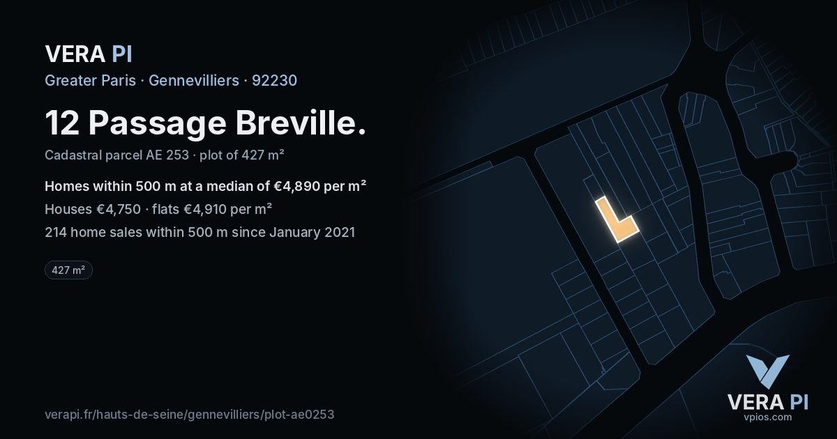 12 Passage Breville, Gennevilliers at night – the plot lit, the parcels around coloured by the prices near them