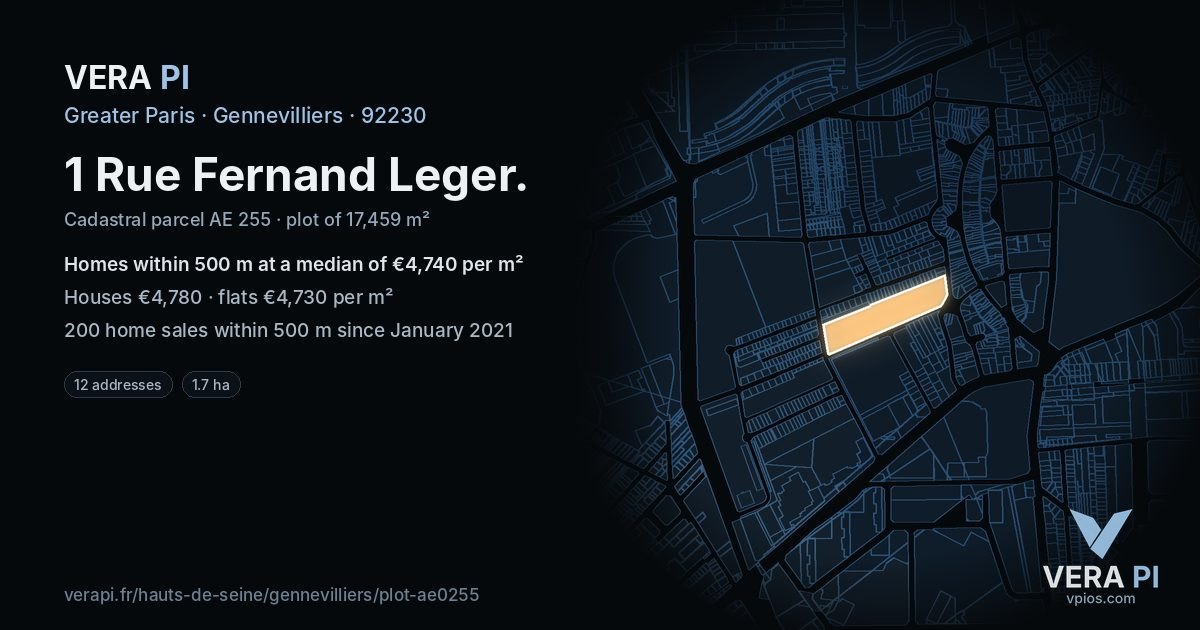 1 Rue Fernand Leger, Gennevilliers at night – the plot lit, the parcels around coloured by the prices near them