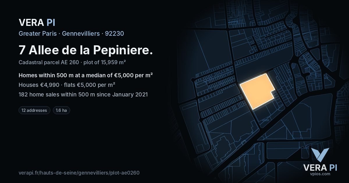 7 Allee de la Pepiniere, Gennevilliers at night – the plot lit, the parcels around coloured by the prices near them