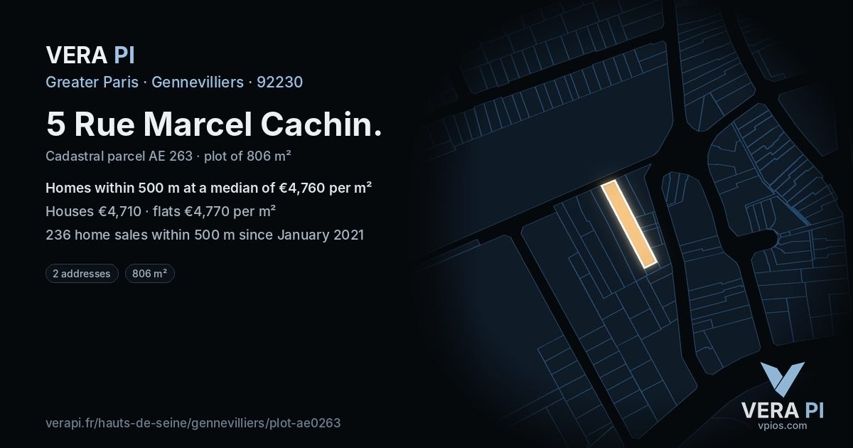 5 Rue Marcel Cachin, Gennevilliers at night – the plot lit, the parcels around coloured by the prices near them