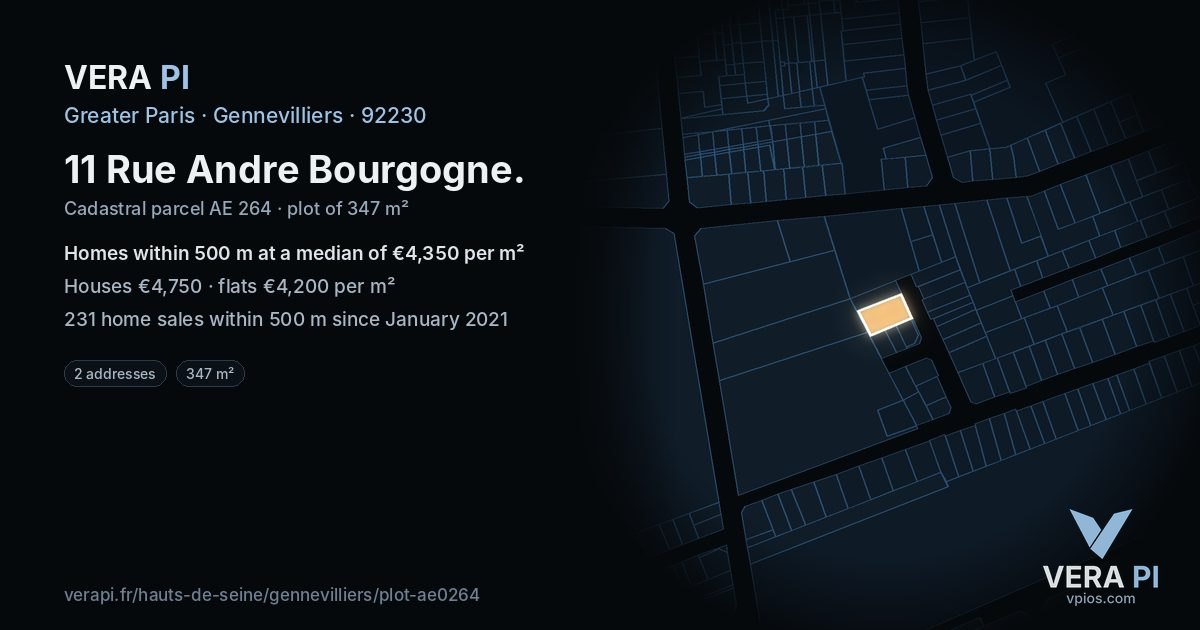 11 Rue Andre Bourgogne, Gennevilliers at night – the plot lit, the parcels around coloured by the prices near them
