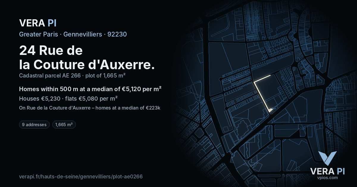 24 Rue de la Couture d'Auxerre, Gennevilliers at night – the plot lit, the parcels around coloured by the prices near them