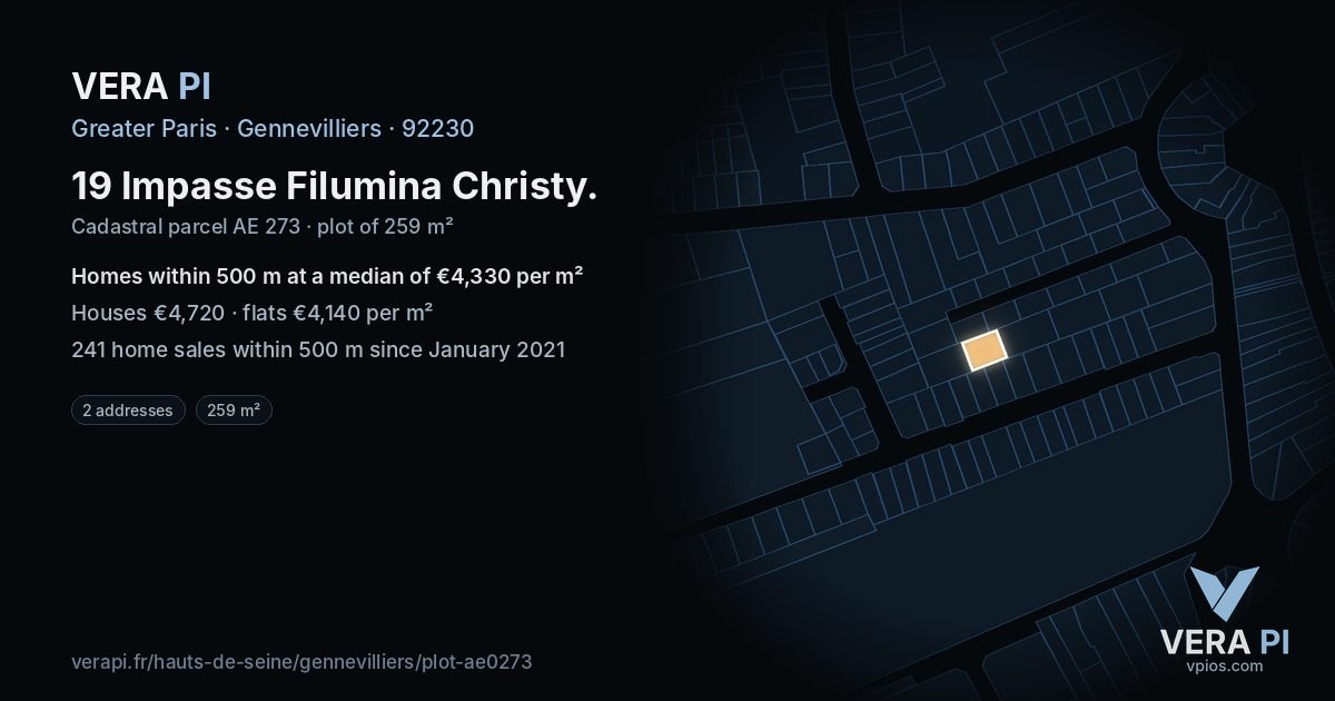 19 Impasse Filumina Christy, Gennevilliers at night – the plot lit, the parcels around coloured by the prices near them