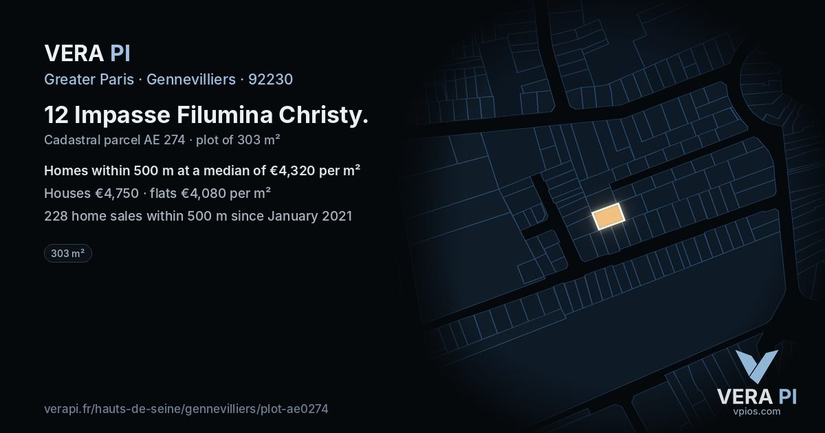 12 Impasse Filumina Christy, Gennevilliers at night – the plot lit, the parcels around coloured by the prices near them