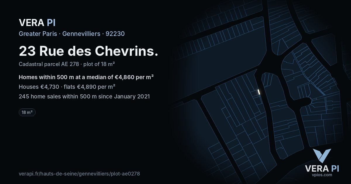 23 Rue des Chevrins, Gennevilliers at night – the plot lit, the parcels around coloured by the prices near them